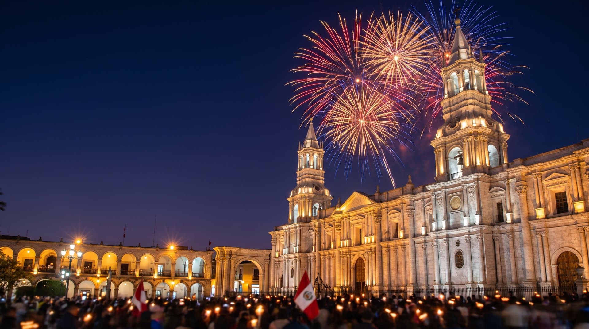Fireworks over Arequipa Cathedral during the August celebrations