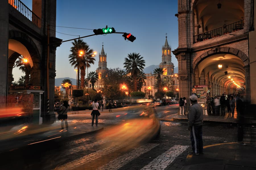 Arequipa Plaza de Armas at night with motion blur lights