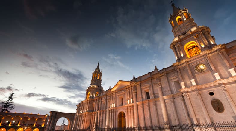 Aerial view of Arequipa with the Basilica Cathedral and Volcán Misti