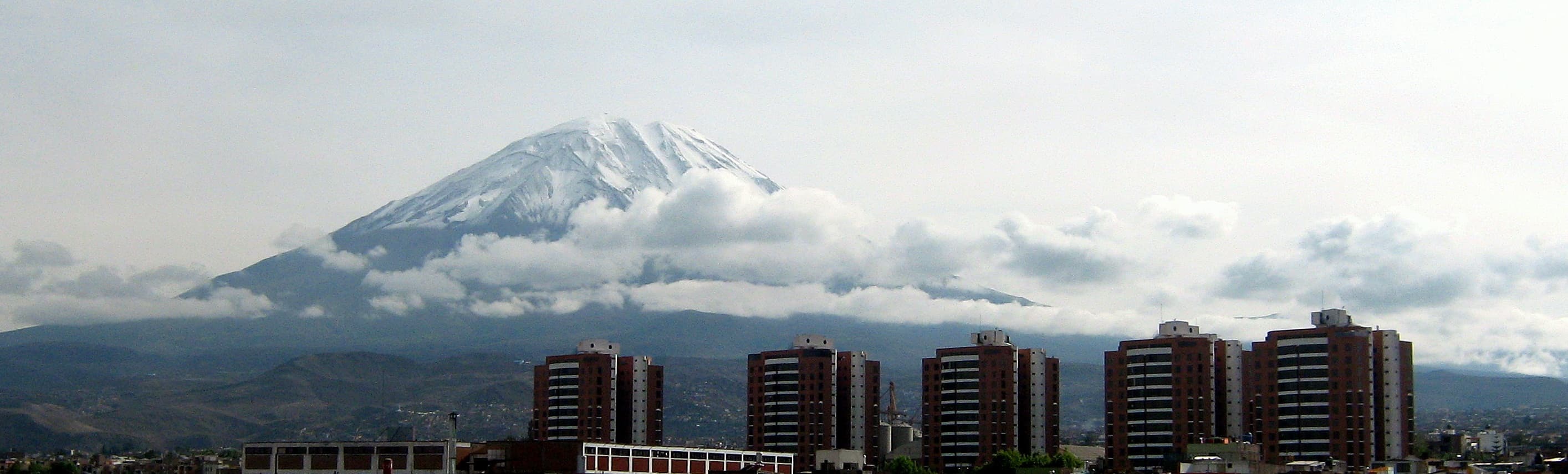 Aerial view of Arequipa city with the Basilica Cathedral and Volcán Misti